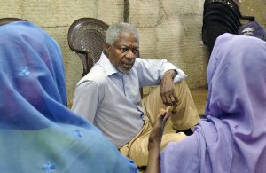 SG visits Kalma Camp in south Darfur, where aprox 100,000 internally displaced persons are living. SG meets with with women from the camp who air their grievences. For their safety, the image does not show their faces.