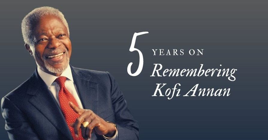 Kofi Annan with the words "5 Years on, Remembering Kofi Annan"