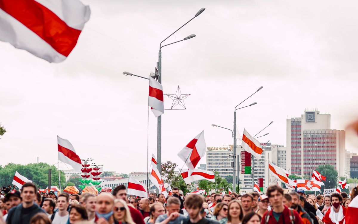 Demonstration in the street with flags